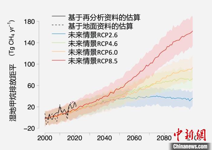 基于觀測的濕地甲烷排放變化與未來氣候變化情景下估算的對比?！≈锌圃呵嗖馗咴?供圖