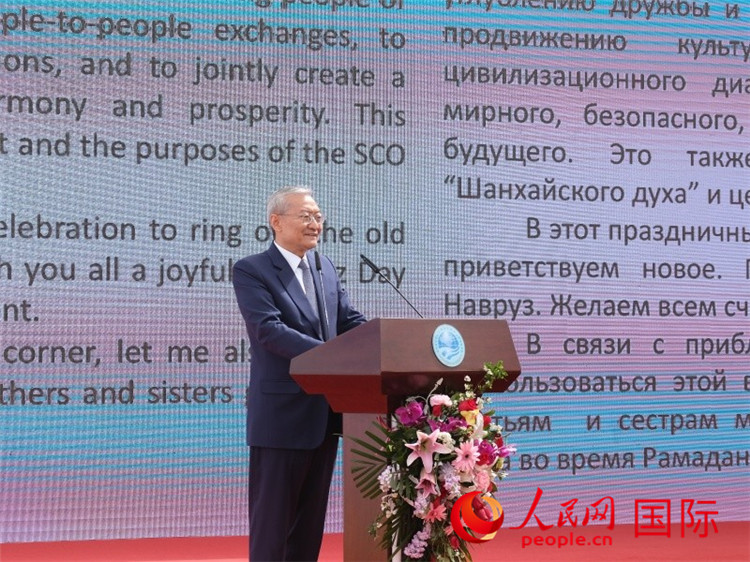 上海合作組織秘書(shū)長(zhǎng)張明致辭。人民網(wǎng) 褚夢(mèng)琦攝