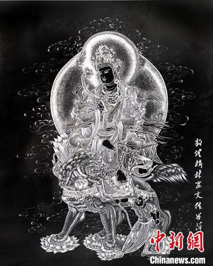 圖為朱增平創(chuàng)作的鍥金畫《敦煌榆林窟文殊菩薩》。(資料圖) 受訪者供圖
