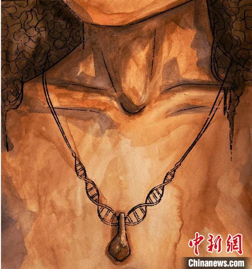 墜飾藝術(shù)再現(xiàn)圖，圖中吊墜繩為DNA螺旋樣式(圖片作者M(jìn)yrthe Lucas)。　施普林格·自然 供圖