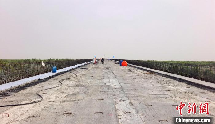 工作人員正在橋面上緊張有序地施工?！∈酚窠?攝