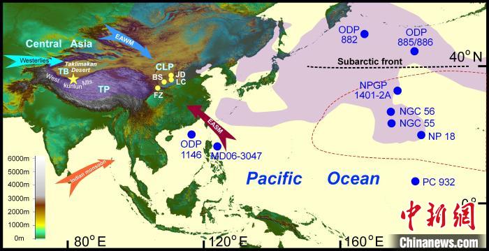 塔里木沙塵傳輸至北太平洋的路徑(陰影區(qū))及西昆侖山黃土巖芯位置(五角星)?！≈锌圃呵嗖馗咴?供圖