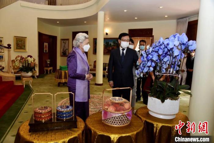 王文天大使介紹中國傳統(tǒng)工藝品及云南的蘭花和鮮果?！≈袊v柬埔寨大使館微信公眾號 攝