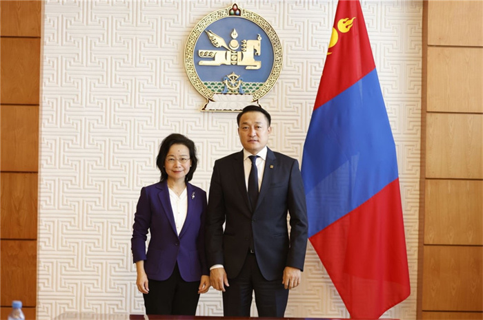 10月31日，中國(guó)駐蒙古國(guó)大使沈敏娟到任拜會(huì)蒙政府辦公廳主任兼蒙古人民黨總書記阿瑪爾巴伊斯格楞（右）。中國(guó)駐蒙古使館供圖