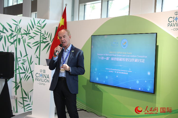 綠色聯(lián)盟聯(lián)合主席、世界自然基金會國際特使蘭博蒂尼在“一帶一路”綠色低碳轉(zhuǎn)型合作研討會上發(fā)言。人民網(wǎng)記者 張志文攝