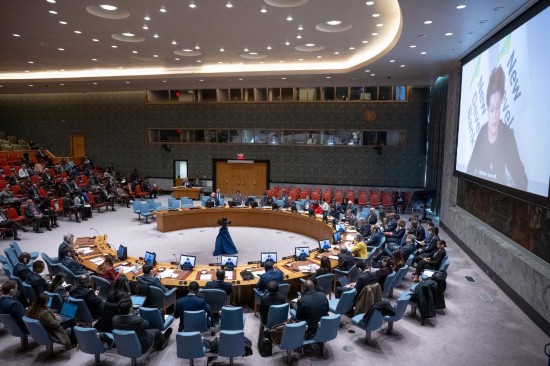 這是2023年11月20日在位于紐約的聯合國總部拍攝的安理會“共同發(fā)展促進持久和平”公開辯論會現場。中國作為輪值主席，倡議聯合國安理會20日舉行主題為“共同發(fā)展促進持久和平”的公開辯論會。新華社發(fā)（聯合國供圖/埃斯金德·德貝卜攝）