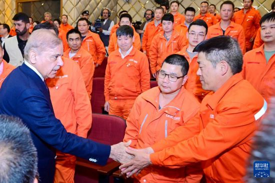 4月1日，在巴基斯坦西北部開伯爾-普什圖省達(dá)蘇，巴基斯坦總理夏巴茲（左）同達(dá)蘇水電站項(xiàng)目中方員工握手。新華社發(fā)（巴基斯坦新聞與廣播部下轄媒體信息部門供圖）