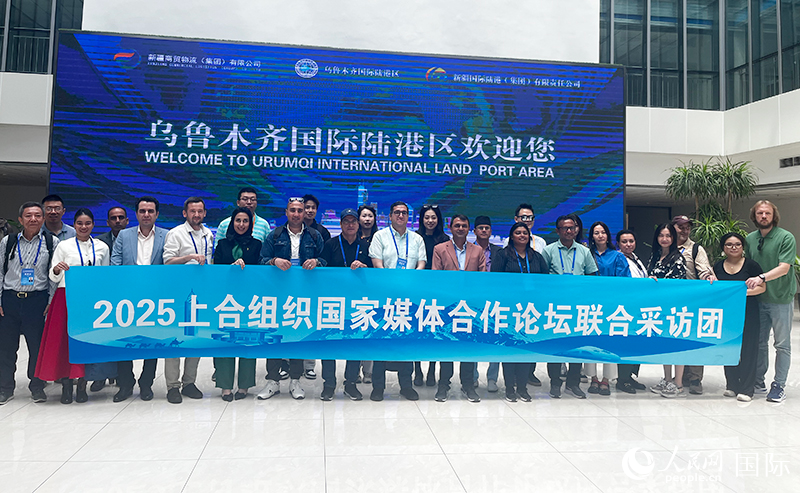 5月26日，外國(guó)媒體人在烏魯木齊國(guó)際陸港區(qū)合影留念。 人民網(wǎng)記者 翟轉(zhuǎn)麗攝