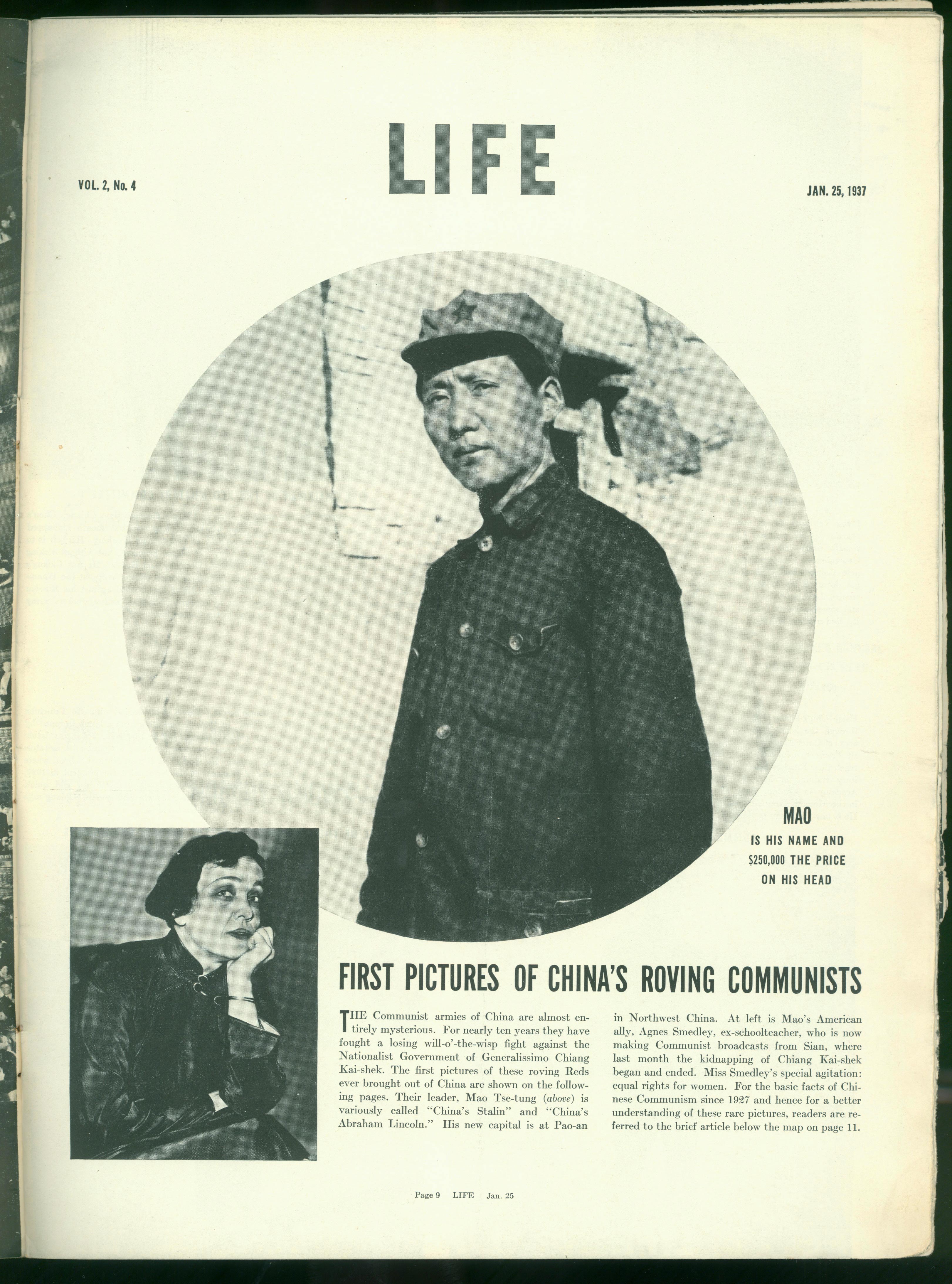 1937年1月25日，美國(guó)《生活》周刊刊登毛澤東照片，照片右下方寫(xiě)著一行字：“毛，這是他的名字，他的人頭價(jià)值25萬(wàn)元。”