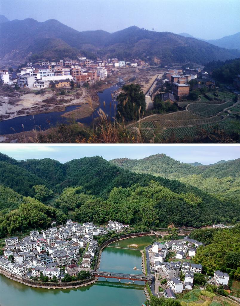 圖為浙江省杭州市淳安縣楓樹嶺鎮(zhèn)下姜村拼版圖，其中上圖為資料照片、下圖由新華社記者張鋮攝。