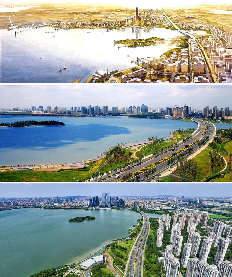 拼版照片：上圖為1994年繪制的蘇州工業(yè)園區(qū)手繪規(guī)劃圖；中圖為2007年拍攝的蘇州工業(yè)園區(qū)；下圖為2023年7月4日用無人機拍攝的蘇州工業(yè)園區(qū)。