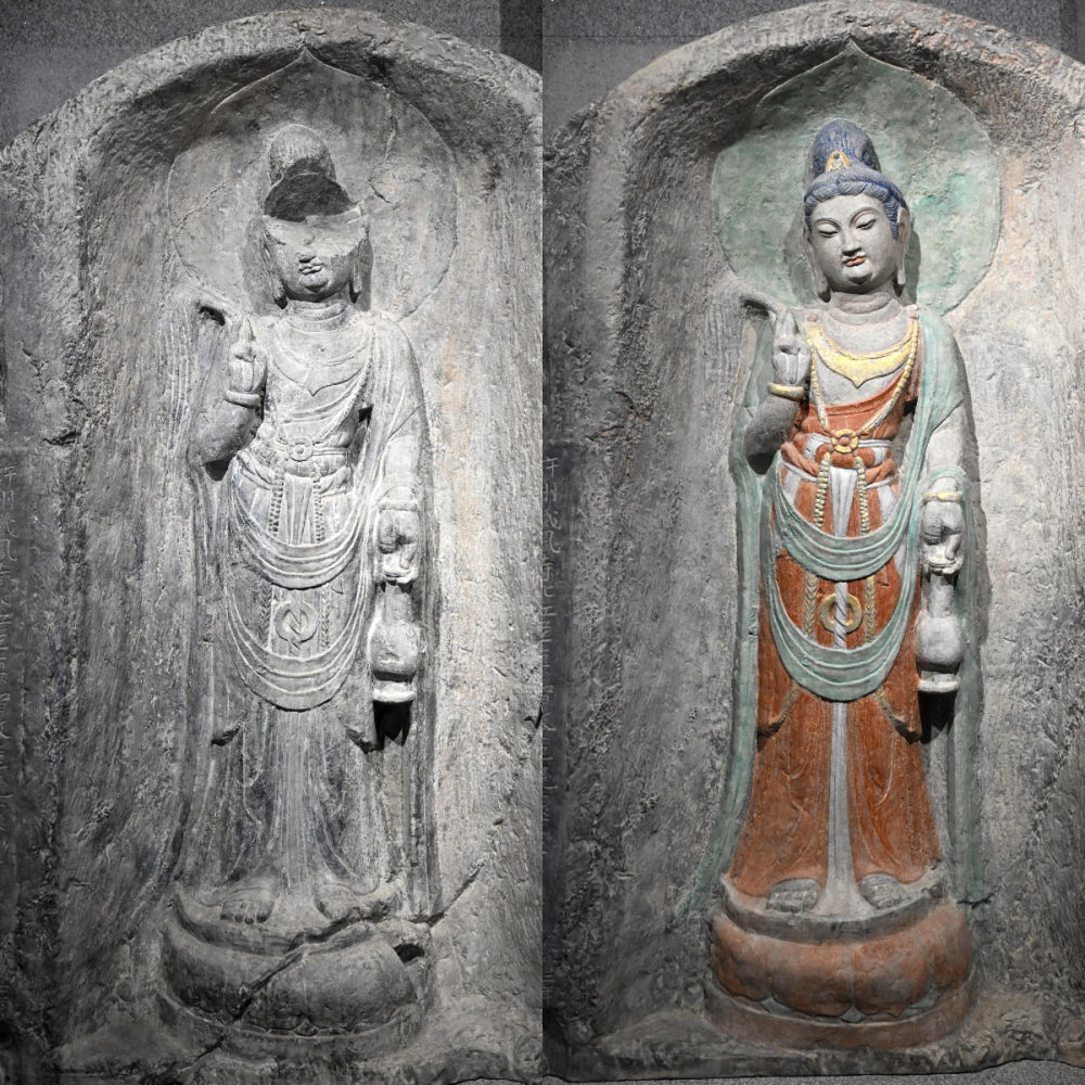 左圖為龍門石窟萬佛洞窟前南壁菩薩造像的3D打印模型；右圖為利用數(shù)字化技術(shù)復(fù)原后的3D打印模型（2025年4月10日攝，拼版照片）。復(fù)原后的像龕精妙絕倫，栩栩如生，被游客譽(yù)為“龍門最美菩薩”。圖片來源新華社
