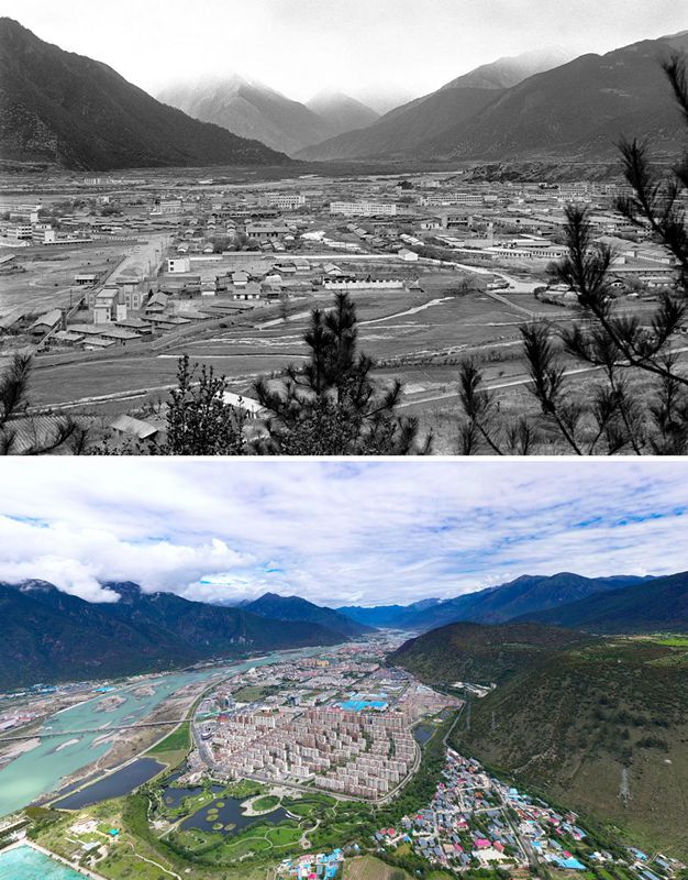 拼版照片：上圖是20世紀(jì)90年代的西藏林芝八一鎮(zhèn)；下圖是2021年7月20日拍攝的西藏林芝八一鎮(zhèn)風(fēng)貌。
