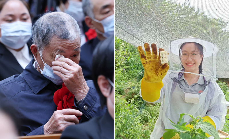 左圖為2021年2月25日，黃文秀的父親黃忠杰在全國脫貧攻堅表彰大會上；右圖為黃文秀生前工作照。
