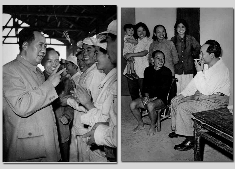 左圖：1959年，毛主席在安徽視察工廠時，同煉鋼工人親切談話。右圖：1959年，毛主席在湖南視察韶山，同貧農(nóng)社員親切談話。